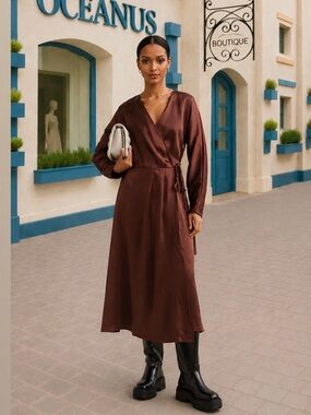 Chocolate brown satin feel wrap dress S ptp 18”